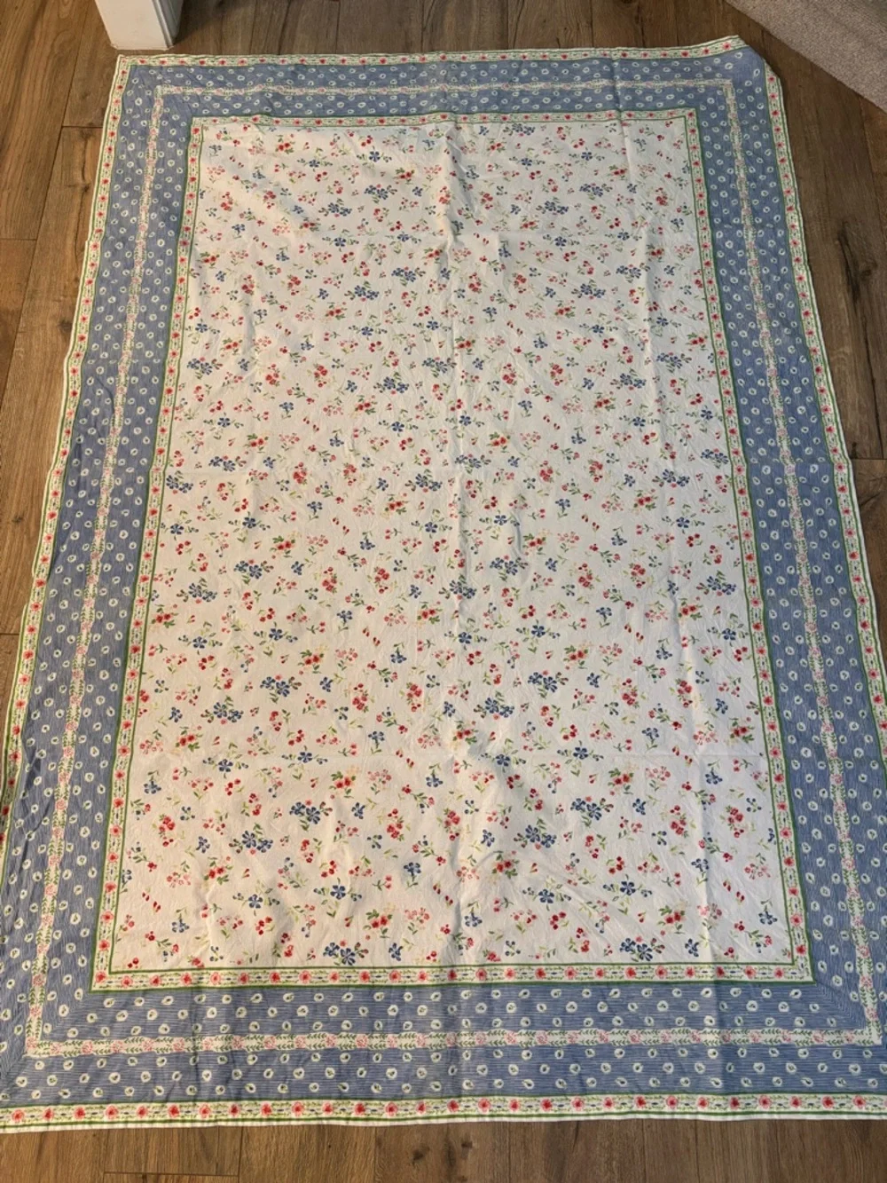 World Market 60x86” Floral Block Print Cotton Tablecloth Blue Red Cottage